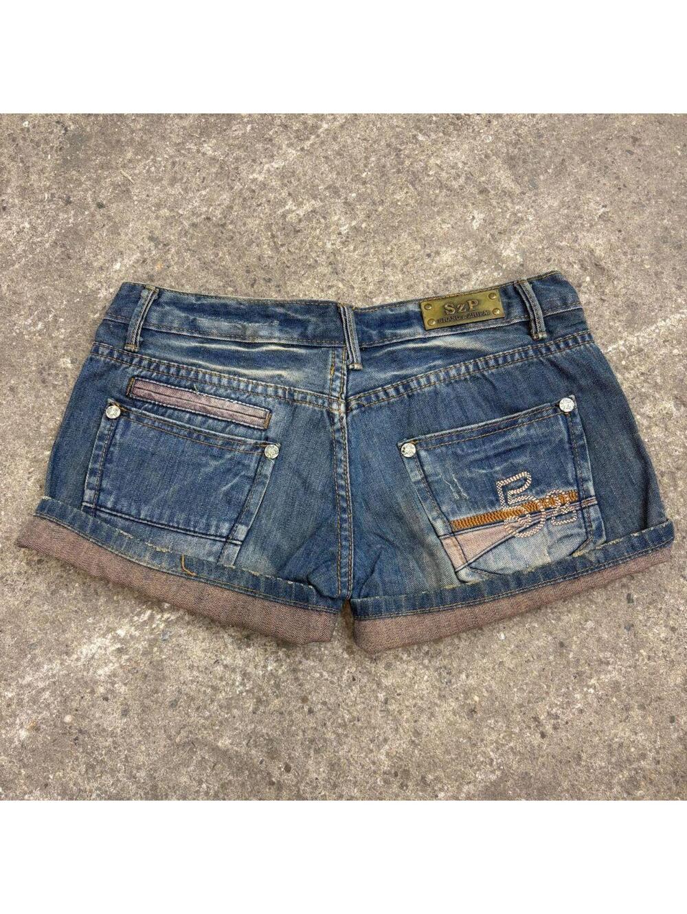 Vintage Y2K Low Rise Denim Micro Shorts #52 Embroidered - Picture 2 of 6